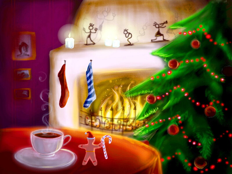 Christmas Tree and Fireplace — Green, Cozy, Winter, Digital Art