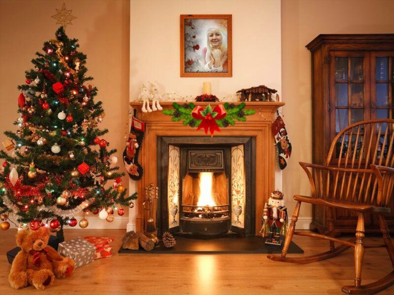 Christmas Tree and Fireplace — Green, Cozy, Winter, Photograph, Teddy Bear