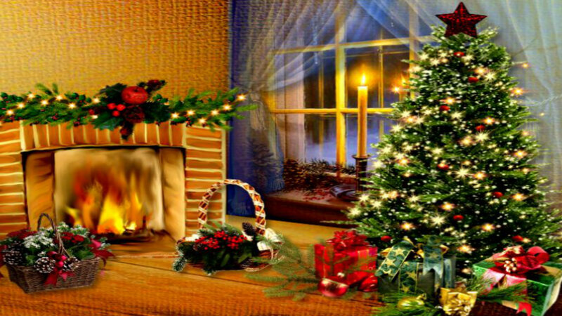 Christmas Tree and Fireplace — Green, Festive, Night, Digital Art