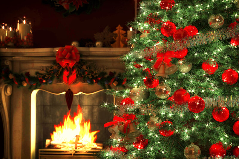 Christmas Tree and Fireplace — Green, Festive, Night, Photograph, Garland
