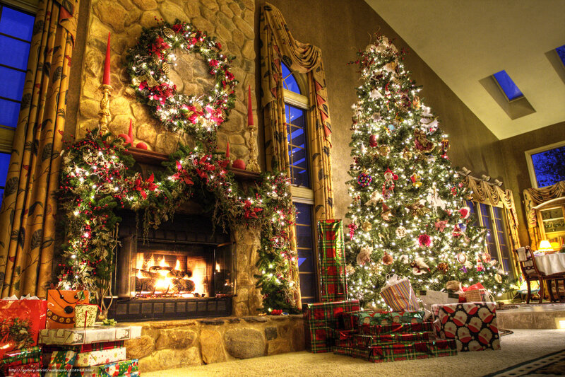 Christmas Tree and Fireplace — Green, Festive, Night, Photograph, Wreath, Presents, Garland
