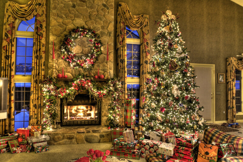 Christmas Tree and Fireplace — Green, Festive, Night