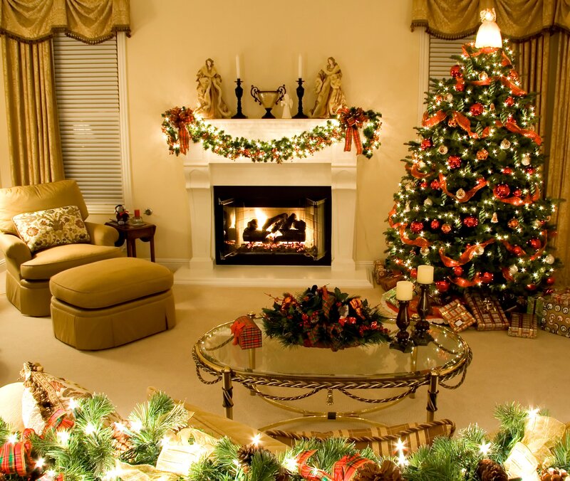 Christmas Tree and Fireplace — Green, Festive, Winter, Photograph, Armchair