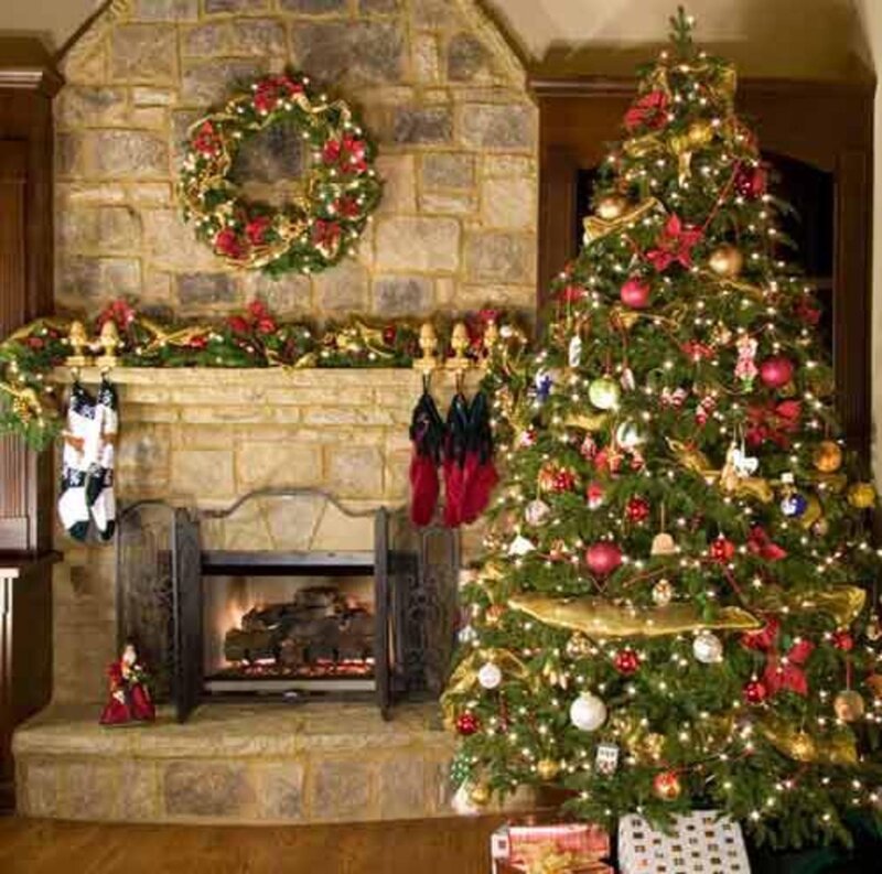 Christmas Tree and Fireplace — Green, Festive, Winter, Photograph, Wreath