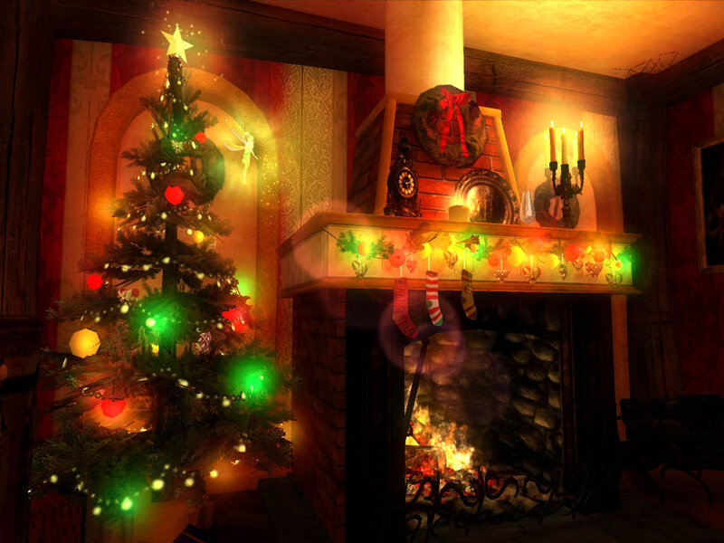 Christmas Tree and Fireplace — Red, Cozy, Night, 3d Render