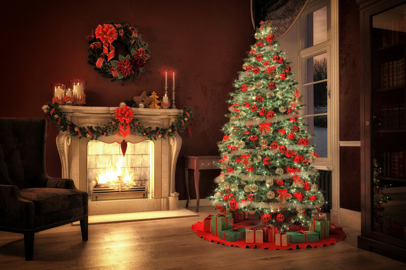 Christmas Tree and Fireplace — Red, Cozy, Night, 3d Render, Wreath