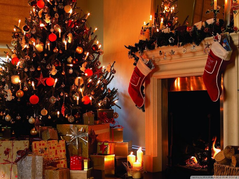 Christmas Tree and Fireplace — Red, Cozy, Night, Photograph, Gifts