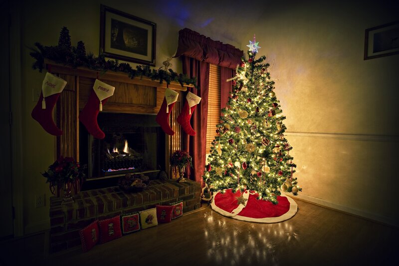 Christmas Tree and Fireplace — Red, Cozy, Night, Photograph, Stockings