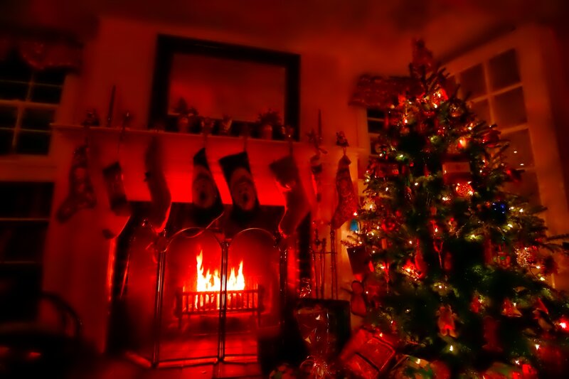 Christmas Tree and Fireplace — Red, Cozy, Night, Photograph, Stockings, Window