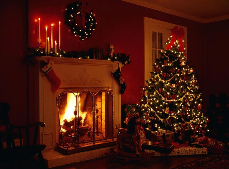 Christmas Tree and Fireplace — Red, Cozy, Night, Photograph