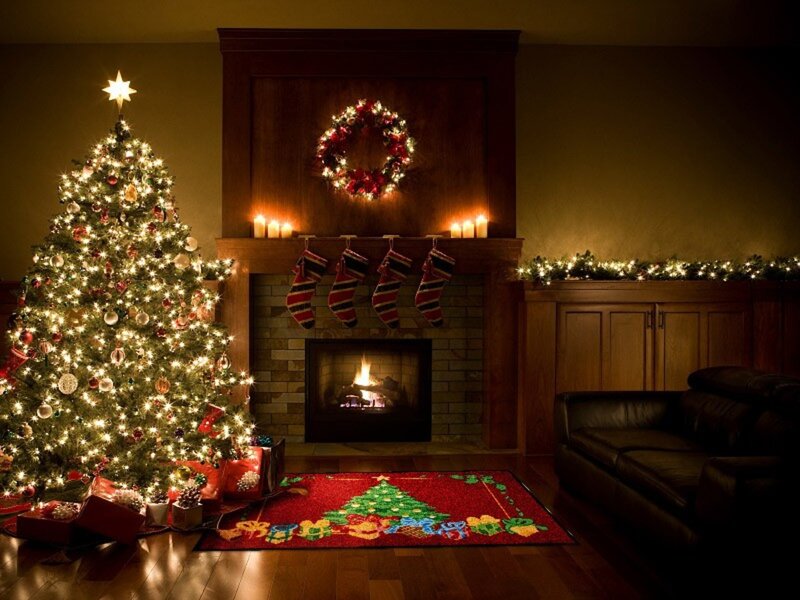 Christmas Tree and Fireplace — Red, Cozy, Night, Photograph, Wreath, Stockings
