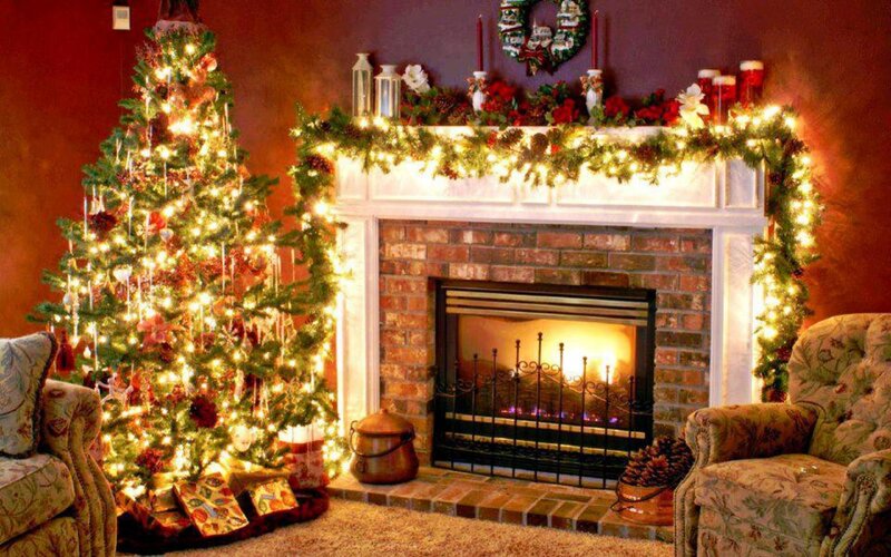 Christmas Tree and Fireplace — Red, Cozy, Winter, Photograph, Garland