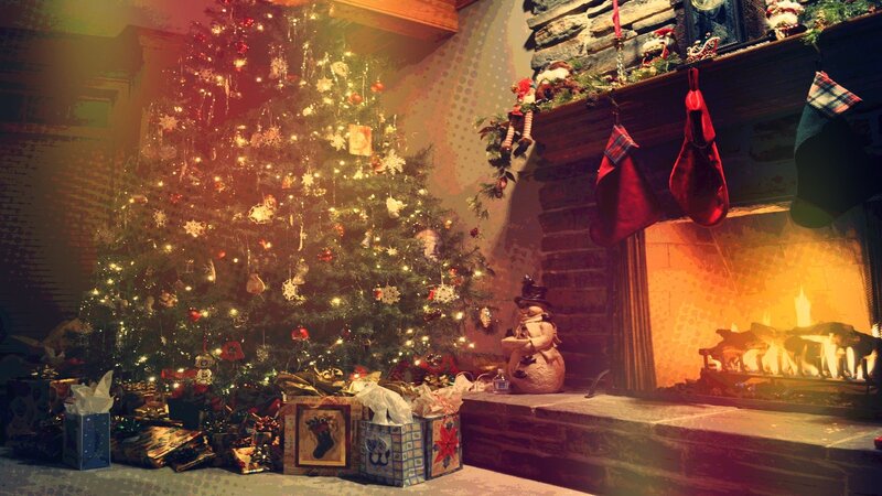 Christmas Tree and Fireplace — Red, Cozy, Winter, Photograph, Gifts