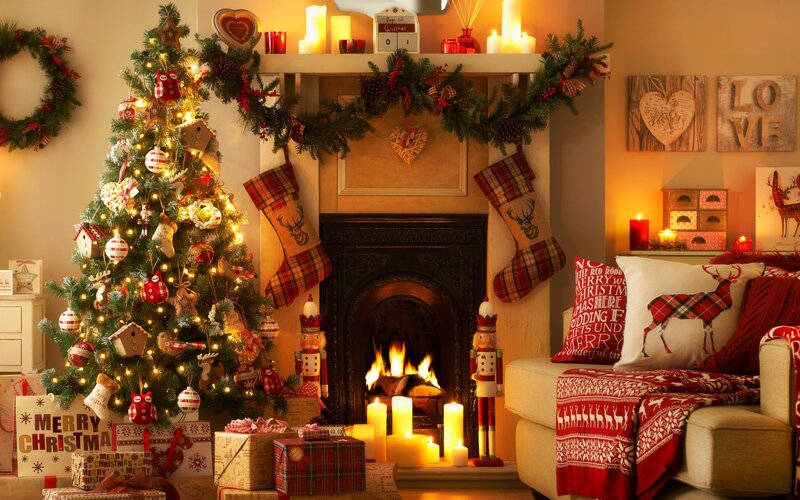 Christmas Tree and Fireplace — Red, Cozy, Winter, Photograph, Stockings, Candles