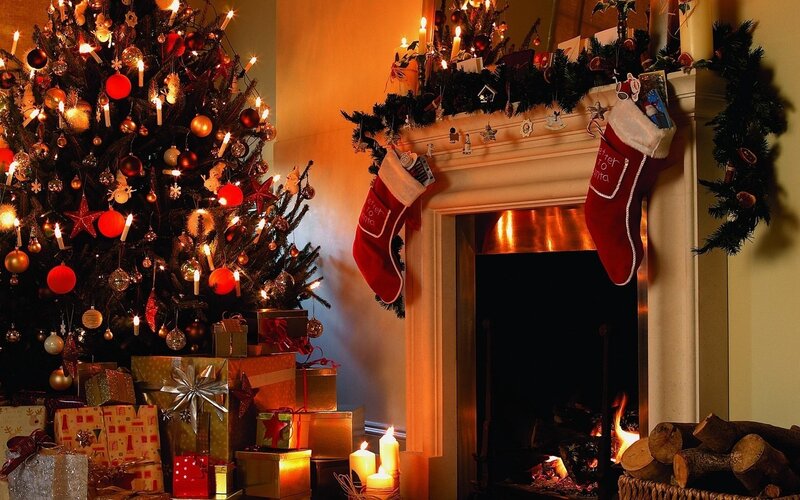 Christmas Tree and Fireplace — Red, Cozy, Winter, Photograph, Stockings