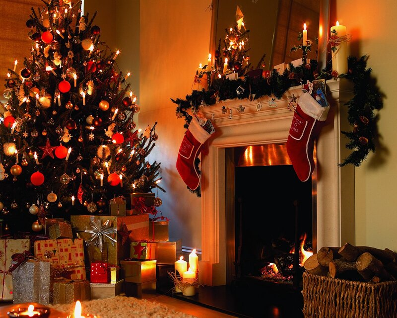 Christmas Tree and Fireplace — Red, Cozy, Winter, Photograph