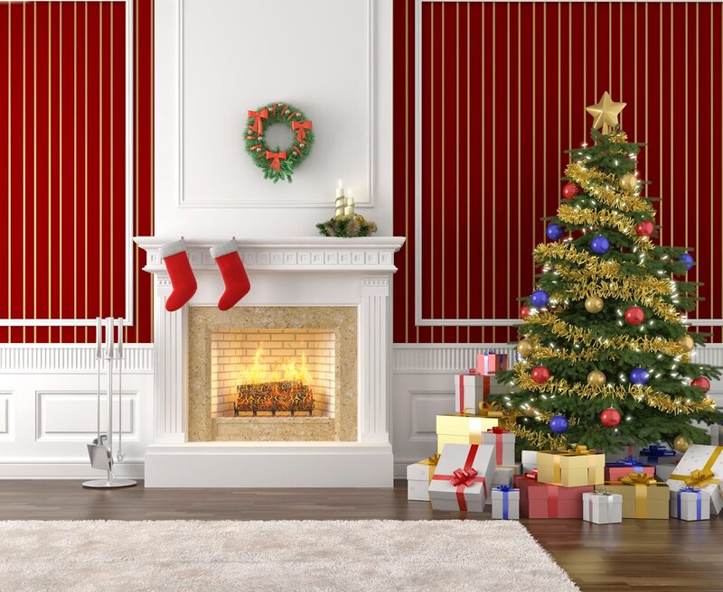 Christmas Tree and Fireplace — Red, Festive, Winter, 3d Render, Wreath