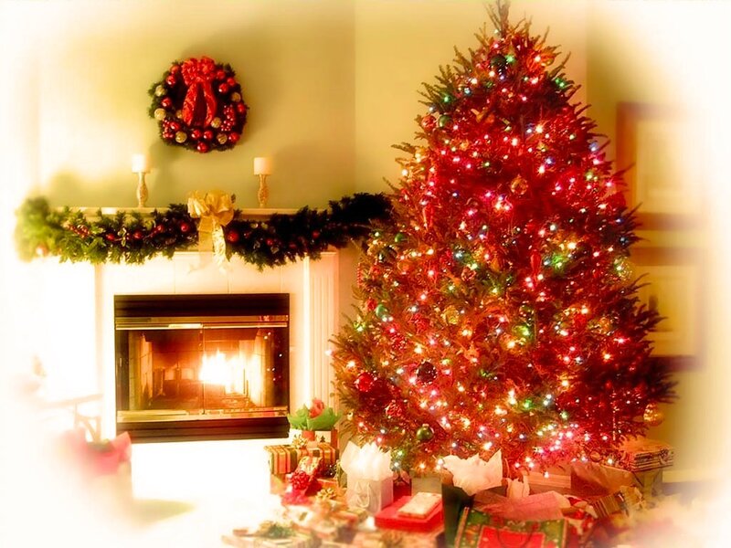 Christmas Tree and Fireplace — Red, Festive, Winter, Photograph