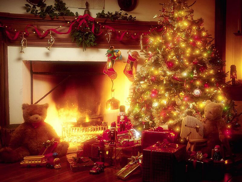 Christmas Tree and Fireplace — Red, Festive, Winter