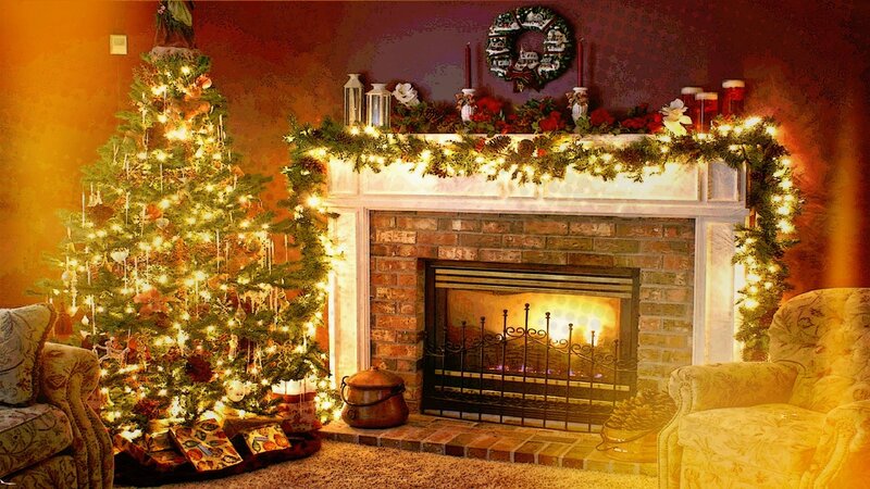 Christmas Tree and Fireplace — Yellow, Cozy