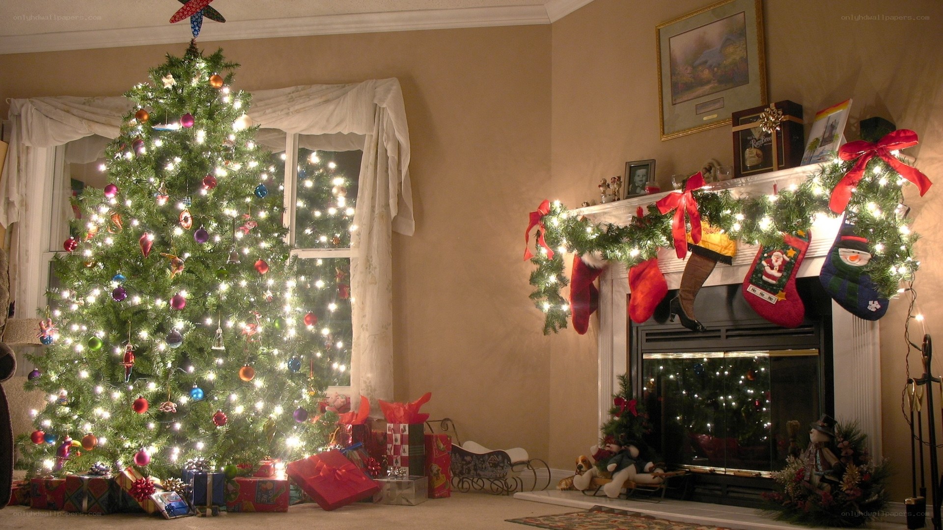 Christmas tree and fireplace