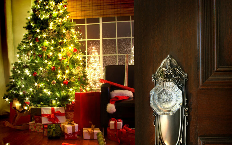 Christmas Tree and Gifts — Green, Festive, Night, Photograph
