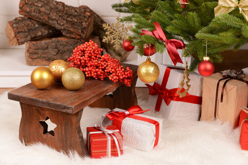Christmas Tree and Gifts — Red, Festive, Winter, Photograph