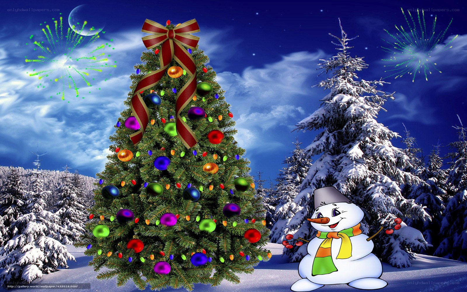Christmas tree and snowman scene