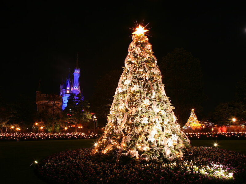 Christmas tree at night with castle