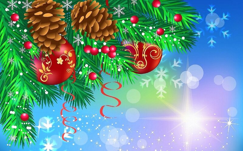 Christmas Tree Branch — Green, Festive, Winter, Digital Art, Pine Cones