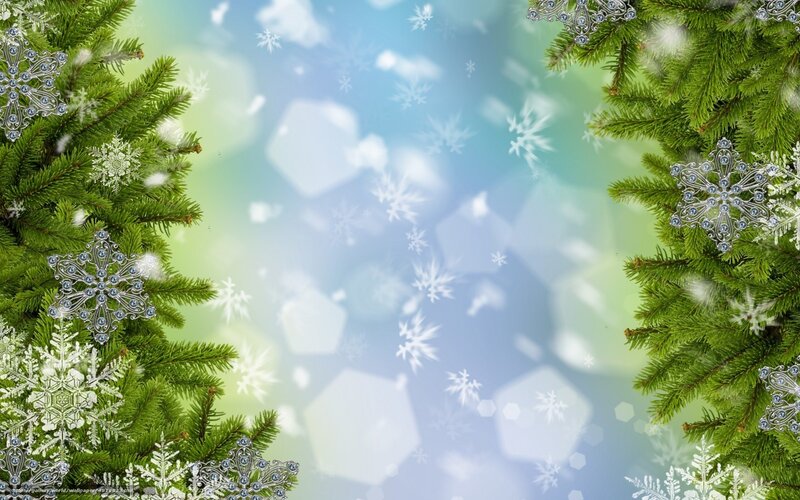 Christmas Tree Branches — Green, Festive, Winter, Digital Art, Snowflakes