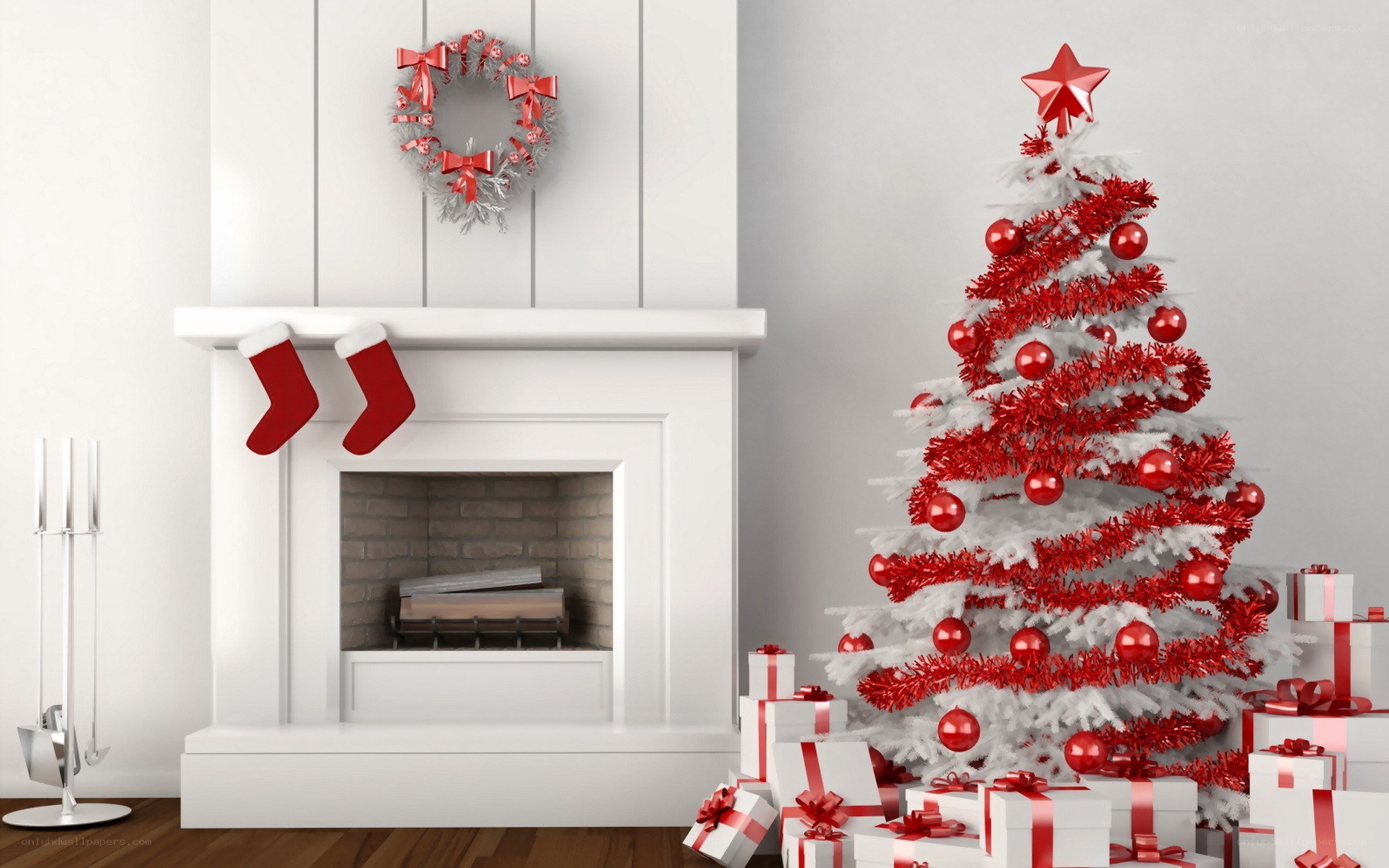 Christmas tree by fireplace