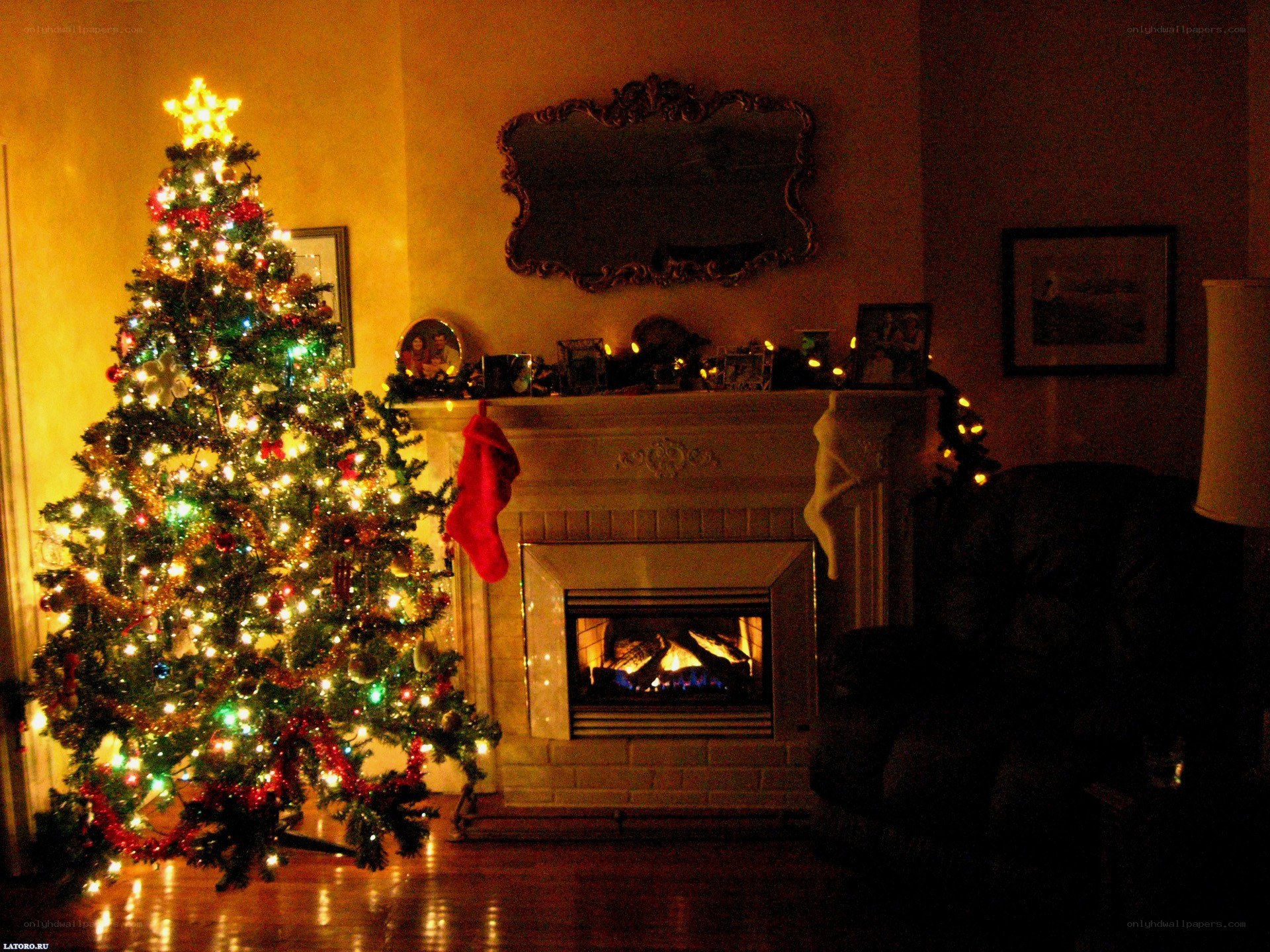 Christmas tree by fireplace