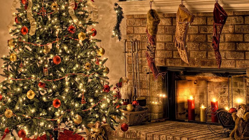 Christmas tree by fireplace