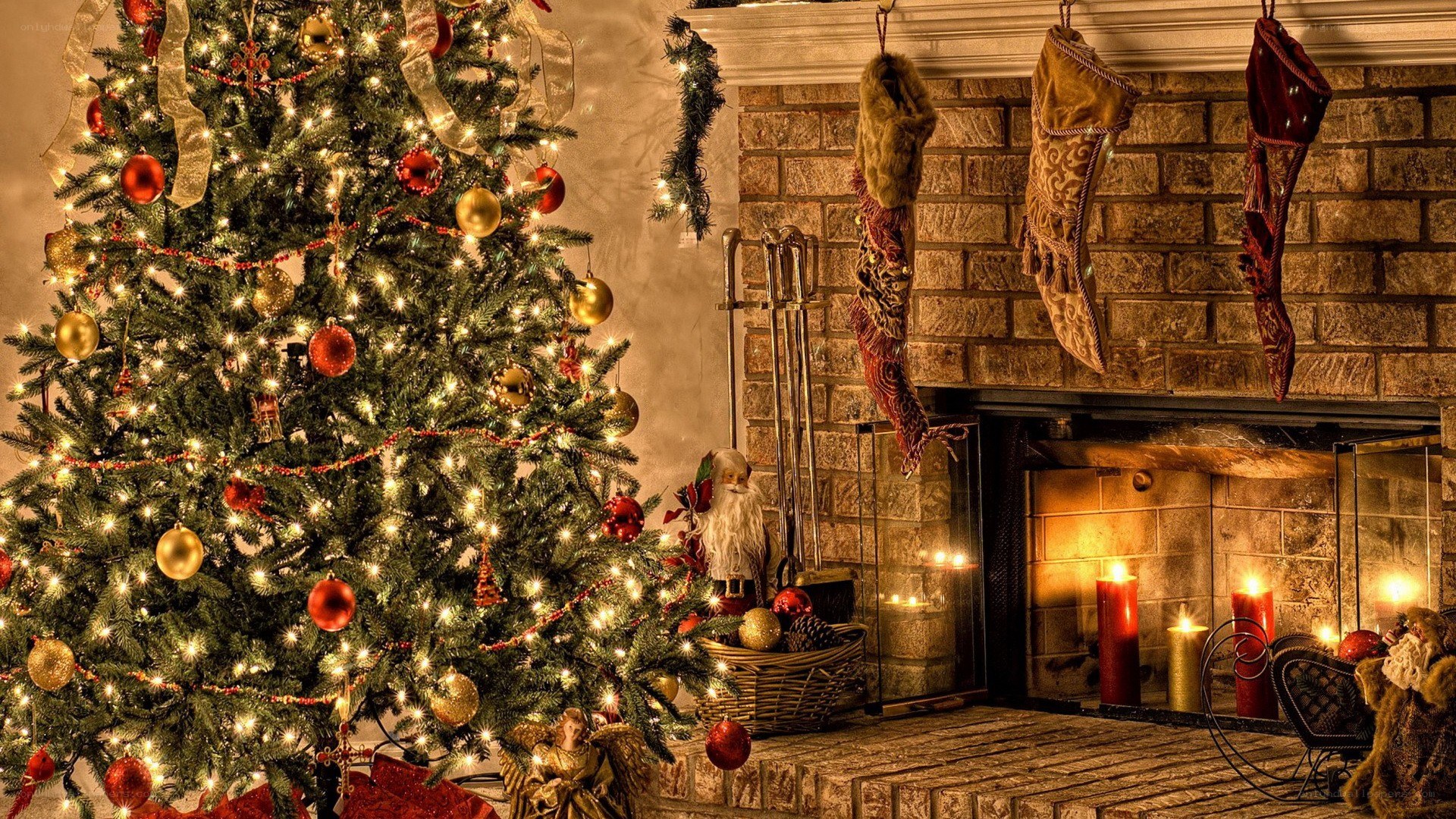 Christmas tree by fireplace