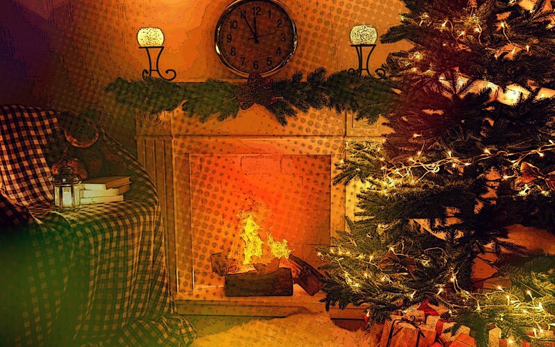 Christmas Tree by Fireplace — Orange