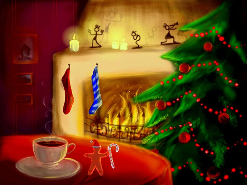 Christmas Tree by Fireplace — Red, Cozy