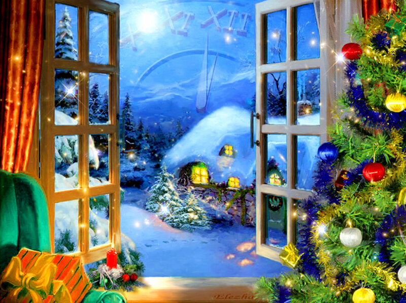 Christmas Tree by Window — Green, Festive