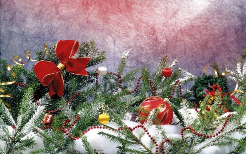 Christmas Tree Decorations — Green, Festive, Winter, Photograph, Red Bow