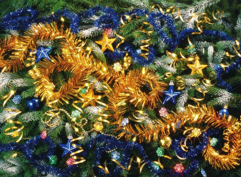 Christmas Tree Decorations — Green, Festive, Winter, Photograph, Stars, Tinsel