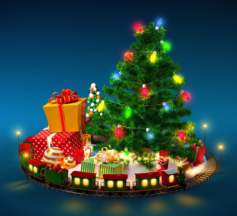 Christmas Tree Display — Green, Festive, Night, 3d Render