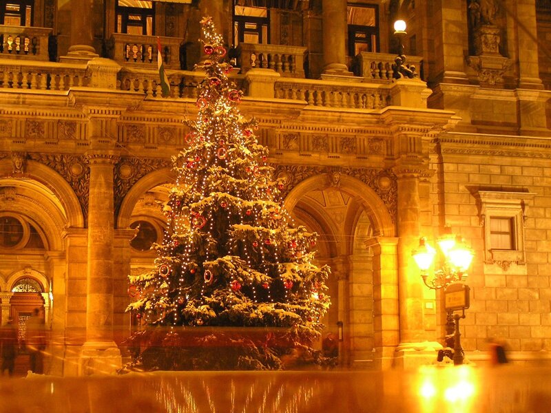 Christmas tree in front of a building