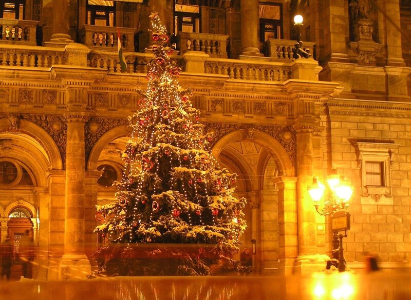 Christmas tree in front of a building