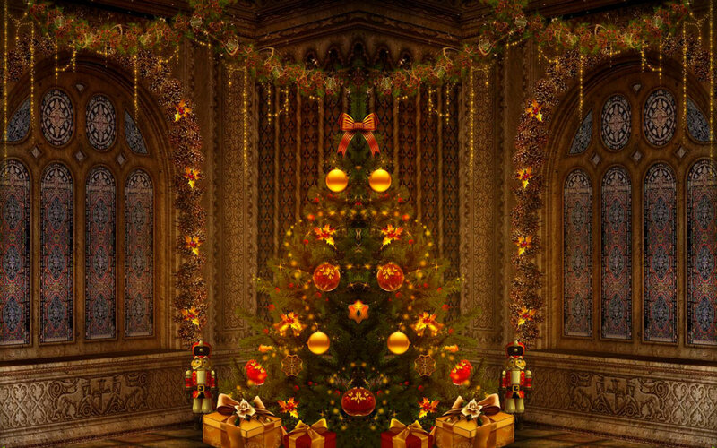 Christmas Tree in Hall — Green, Festive, Winter, Digital Art, Stained Glass Windows