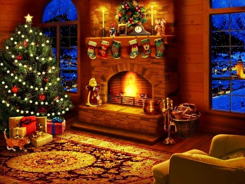 Christmas Tree in Living Room — Brown, Cozy, Night, Digital Art