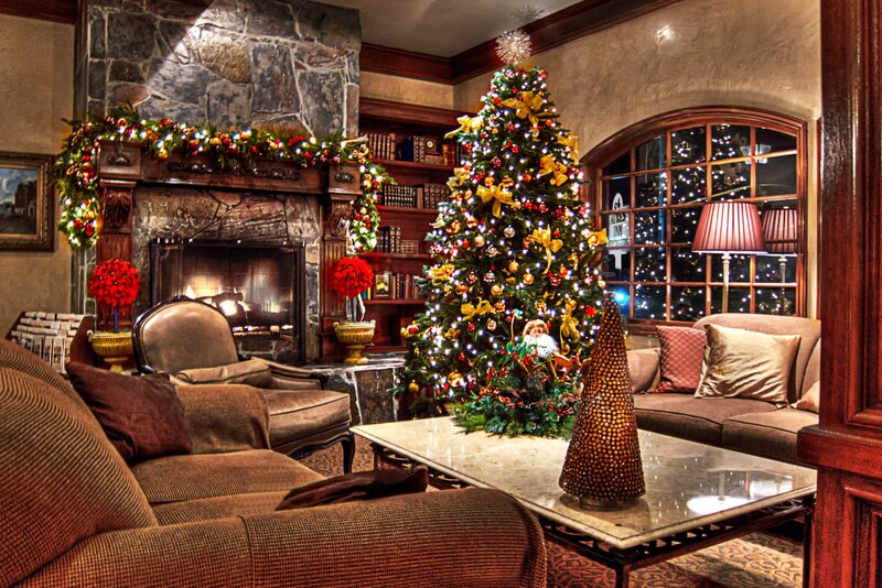 Christmas Tree in Living Room — Brown, Cozy, Night, Photograph