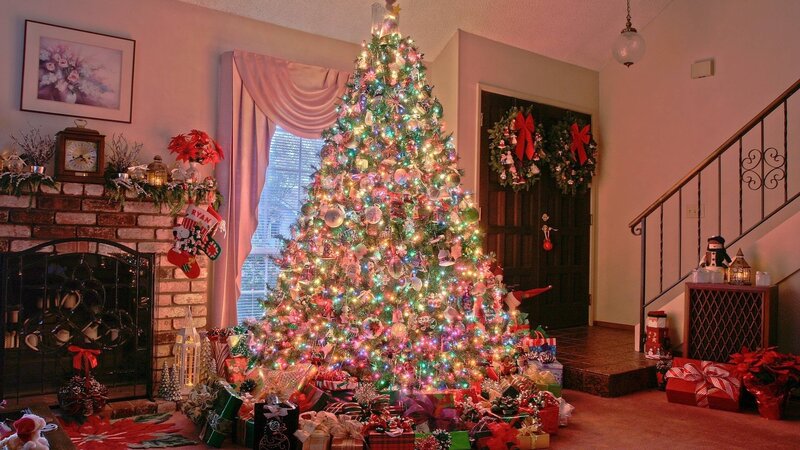 Christmas Tree in Living Room — Green, Festive, Winter, Photograph, Fireplace, Wreath, Stairs, Gifts