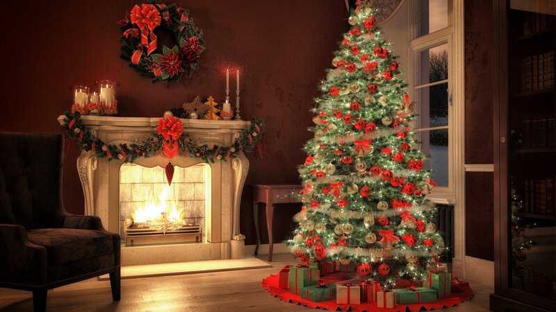 Christmas Tree in Living Room — Red, Cozy, Night