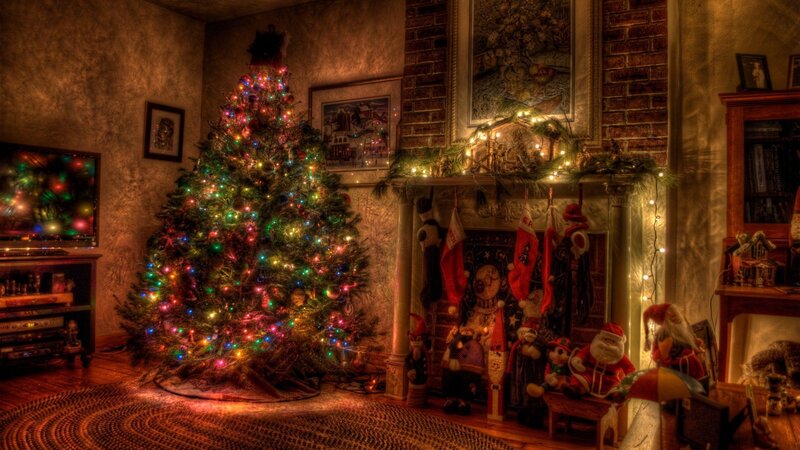 Christmas Tree in Living Room — Red, Cozy, Winter, Photograph
