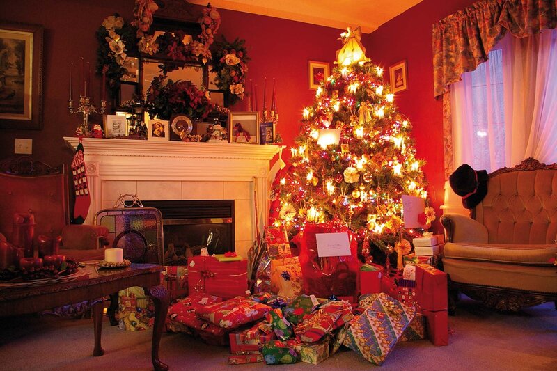 Christmas Tree in Living Room — Red, Festive, Night, Photograph, Fireplace, Gifts